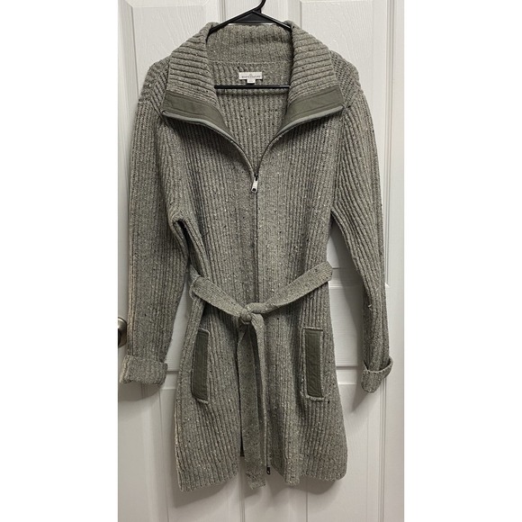 L.L. Bean Sweaters - LL Bean Signature Women 100% Wool Cardigan Zip Up Sweater Belted Gray L-EUC